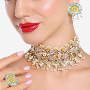 Poojavi Multicolour Kundan Cluster Pearl Drop Rajwada Choker Necklace Earring Ring Set For Women