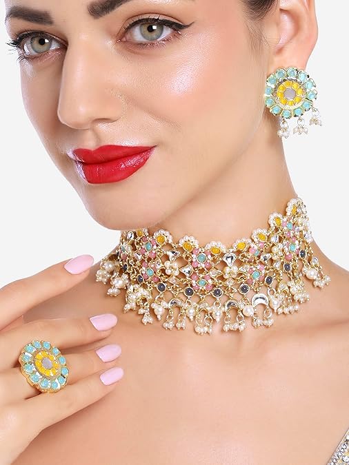 Poojavi Multicolour Kundan Cluster Pearl Drop Rajwada Choker Necklace Earring Ring Set For Women