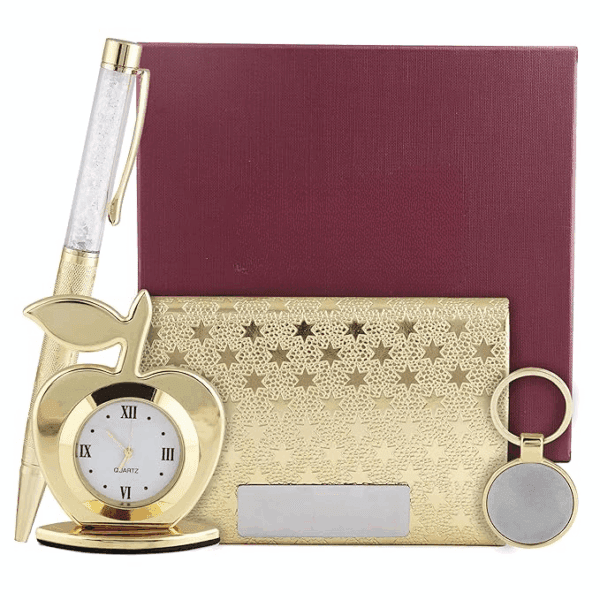 Gift Hamper Set of 4 | Pen, Card Holder, Desk Clock & Keychain Combo | Birthday Anniversary Wedding Diwali Gifts for Men, Women, Husband, Wife, Colleagues, Boss, Employees, Friends