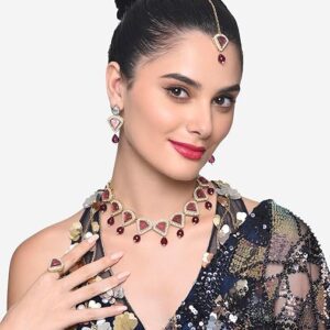 Poojavi Wine Colour Artificial Stones & Beads Ethnic Choker Necklace Earring Ring & Maangtikka Set For Women