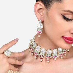 Poojavi Multicolor Meenakari Lotus Kundan Choker Necklace Earring & Ring Set For Women
