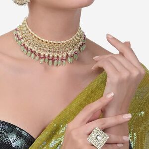 Poojavi Multicolor Meenakari Multistrand Choker Necklace Earring & Ring Set For Women