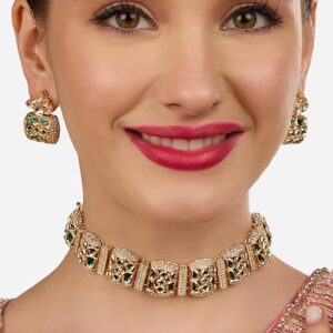 Poojavi Green Stones Dazzling Austrian Diamonds Choker Necklace & Earring Set For Women