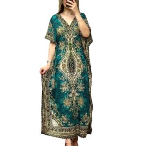 Poojavi Kaftan Dress ? Bohemian Printed V-Neck Long Maxi Caftan with Loose Fit & Elegant Design (Kaftan-Kurti)