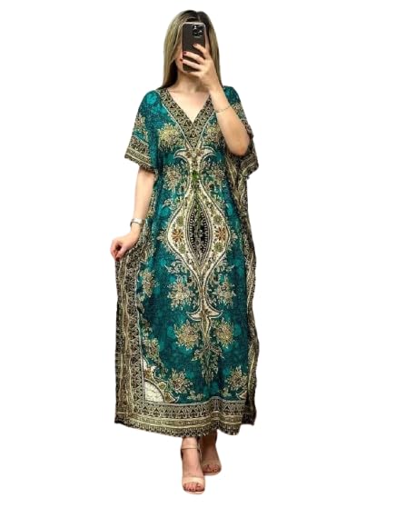 Poojavi Kaftan Dress ? Bohemian Printed V-Neck Long Maxi Caftan with Loose Fit & Elegant Design (Kaftan-Kurti)