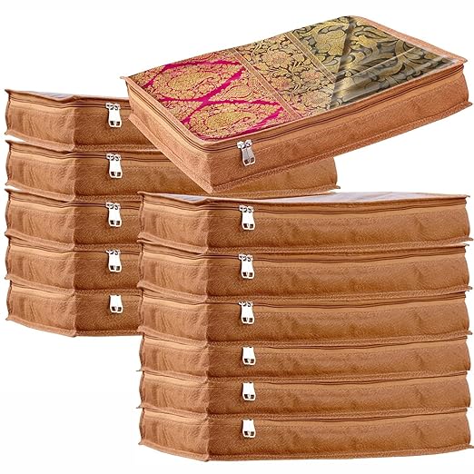 12 Pcs Non-Woven Saree Covers For Storage/Saree Bags with Zip/Multi-Purpose Lehenga Storage Bag/Clothes Covers for Dresses/Sarees/Lehengas (16.5x13x3 Inch), Transparent