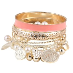 Pearl Charm Bangle Multilayer Bracelet for Women and Girls (Pink) (rr6762b)