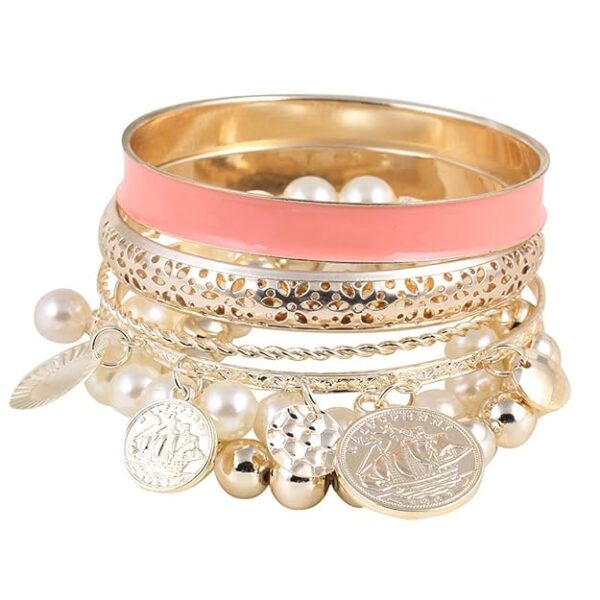 Pearl Charm Bangle Multilayer Bracelet for Women and Girls (Pink) (rr6762b)