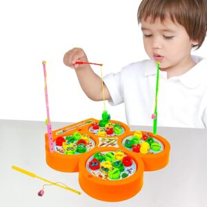 Fish Catching Game Toy Set with 4 Rotating Fish Ponds On Board | Includes 32 Fishes and 4 Magnetic Fishing Poles | 1-4 Players Game | Durable Gift for Kids - Multicolor