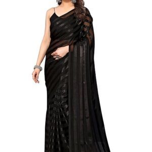 Women's Regular Fit Satin Striped Bollywood Georgette Saree with Matching Blouse Piece | Stylish & Attractive | Fancy Saree for Parties, Weddings, Festivals & Casual Outings