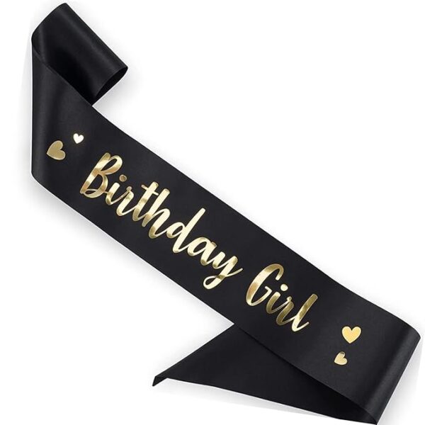 Girl Sash - (Pack of 1) Black Satin with Gold Foil Text for Women & Teens, Black and Gold Birthday Decoration Accessory for Photos, Cake Cutting, Party Backdrop