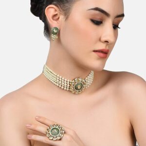 Poojavi Green Enamel Multistrand Kundan Choker Necklace Earring & Ring Set For Women
