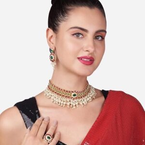 Poojavi  Green & Pink Cluster Pearl Choker Necklace Earring & Ring Set For Women
