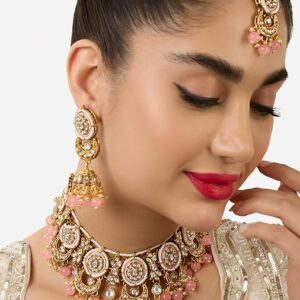 Poojavi Pink Meenakari Crescent Kundan Choker Necklace Earring & Maangtikka Set For Women