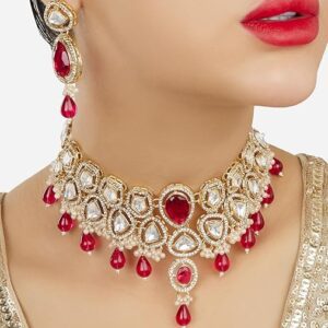 Poojavi Pink Beads Dazzling Austrian Diamonds Stones Choker Necklace & Earring Set For Women