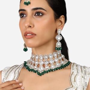 Poojavi  Green Bead Austrian Diamonds Bridal Choker Necklace Earring Maangtikka Set For Women