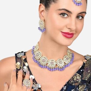Poojavi Purple Beads Drop Dazzling Kundan Choker Necklace Earring Maangtikka & Ring Set For Women