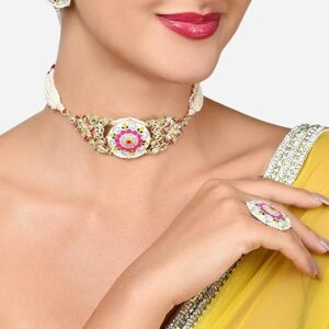 Poojavi Pink Green Crescent Stones Kundan Choker Necklace Earring Ring Set For Women