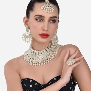 Poojavi Green Stones Dazzling Austrian Diamonds Choker Necklace & Earring Set For Women