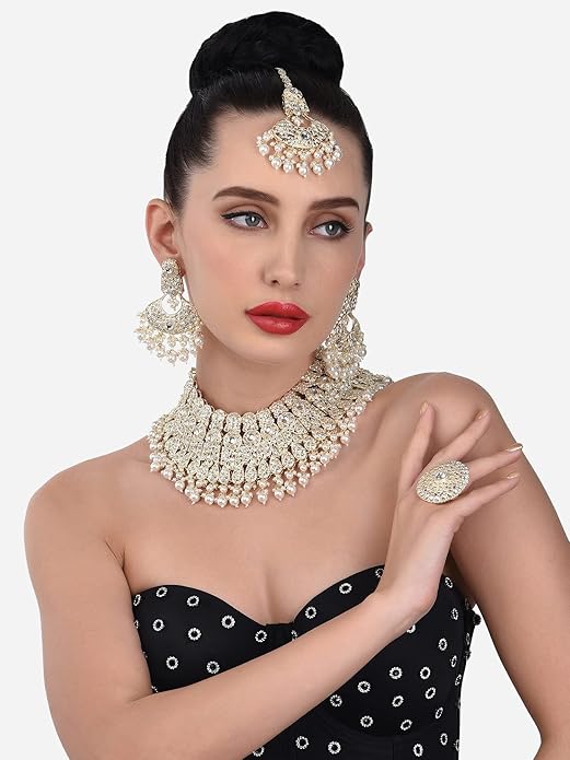 Poojavi Green Stones Dazzling Austrian Diamonds Choker Necklace & Earring Set For Women