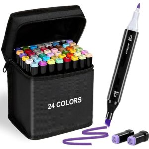 Tip Colorful Art Markers Sketch Pens 24 Colors With Carrying Case For Painting Sketching Calligraphy Drawing -Twin Head Permanent Colouring Marker Pens For Kids Adult, Multicolor (24)