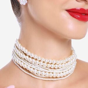 Poojavi White Pearls Multistrand Beaded Choker Necklace & Earring Set For Women