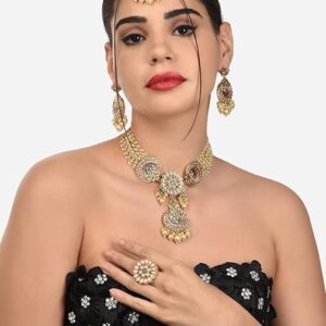 Poojavi Pink & Green Meenakari Ethnic Choker Necklace Earring Maangtikka & Ring Set For Women