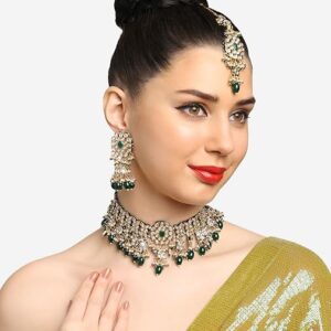 Poojavi Green Kundan Artificial Stones Beads Choker Necklace Earring Maangtikka Set For Women