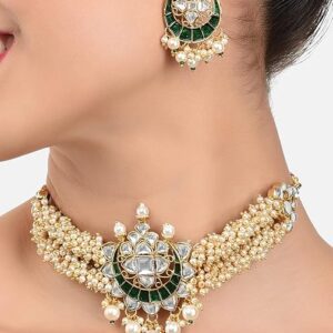 Poojavi  Green Meenakari Clustered Pearls Patta Kundan Choker Necklace & Earring Set For Women