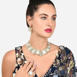 Poojavi Mint Green Stones Dazzling Austrian Diamonds Kundan Necklace Earring & Ring Set For Women