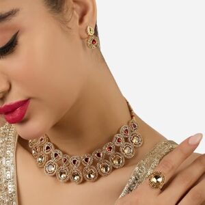 Poojavi Red Stones Dazzling Austrian Diamonds Embellished Necklace Earring & Ring Set For Women