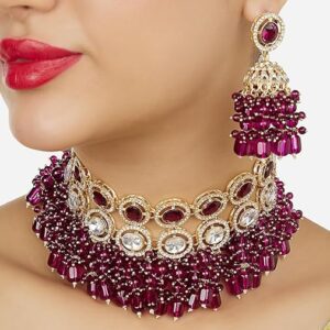 Poojavi Purple Stones Dazzling Austrian Diamonds Clustered Beads Choker Necklace & Earring Set For Women