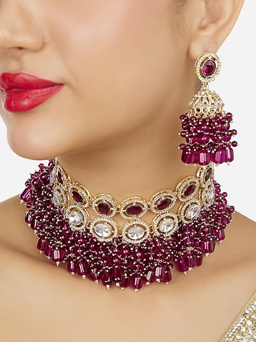 Poojavi Purple Stones Dazzling Austrian Diamonds Clustered Beads Choker Necklace & Earring Set For Women