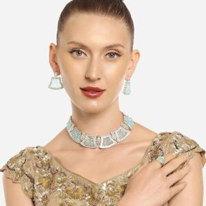 Poojavi Turquoise Blue Artificial Stones & Kundan Necklace Earring & Ring Set For Women