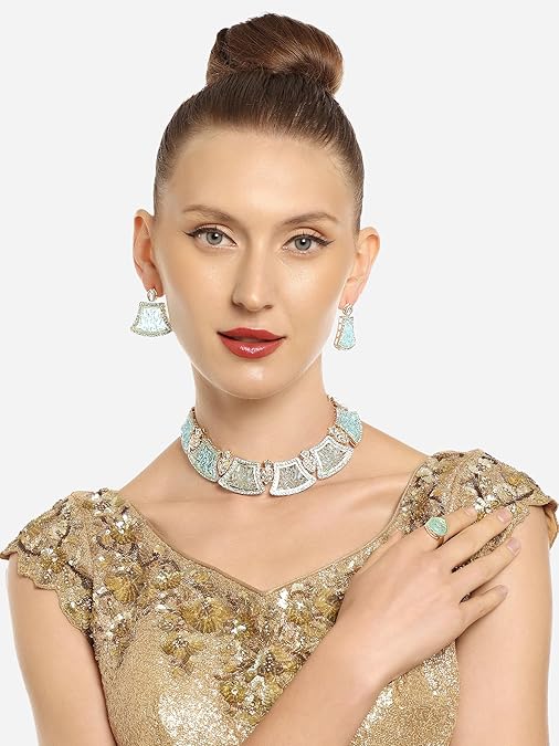 Poojavi Turquoise Blue Artificial Stones & Kundan Necklace Earring & Ring Set For Women
