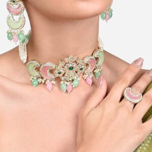 Poojavi Multicolor Stones Austrian Diamonds Kundan Necklace Earring & Ring Set For Women