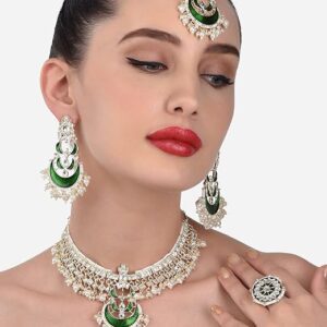 Poojavi Green Meenakari Crescent Shape Kundan Choker Necklace Earring Maangtikka & Ring Set For Women