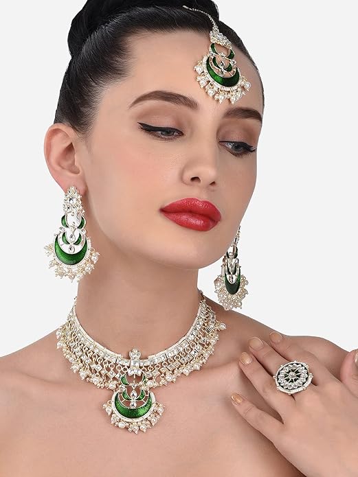 Poojavi Green Meenakari Crescent Shape Kundan Choker Necklace Earring Maangtikka & Ring Set For Women