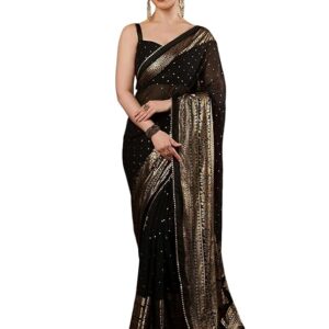 Poojavi  Women's Georgette Foil Printed Lace Work Saree with Unstitched Blouse Piece