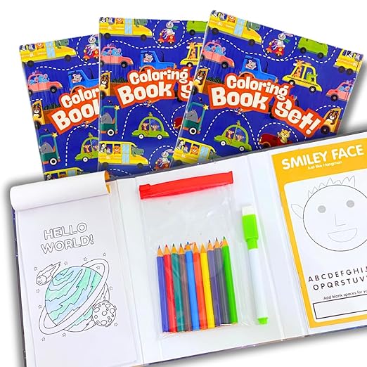 Poojavi Kids 4 in 1 Car Theme Colouring Book Set - Art and Craft Kit for Boys and Girls - Colouring, Games, Gift for Boys, Girls Age 4-9 Year Old, Return Gift for Kids Birthday Party (Pack of 3)