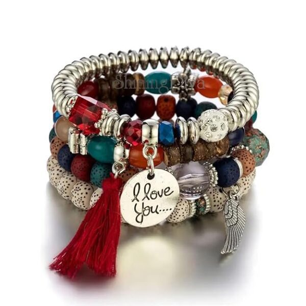 Latest Stylish Bohemian I Love You Feather Tassel Charm Multilayer Beaded Bangle Bodhi Bracelet for Women and Girls