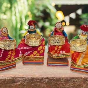 Handmade Recycled Material Rajasthani Raja Rani Puppet/Dolls Diyas Tealight/Diya/Diwali Diya/Idol Diyas Holders Gift for Diwali, Home Decor/Temple Decor (Pack of 2, Standing Tealight)