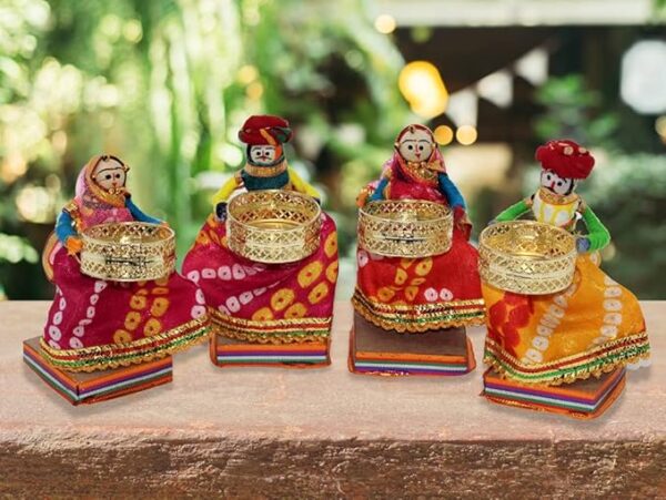 Handmade Recycled Material Rajasthani Raja Rani Puppet/Dolls Diyas Tealight/Diya/Diwali Diya/Idol Diyas Holders Gift for Diwali, Home Decor/Temple Decor (Pack of 2, Standing Tealight)