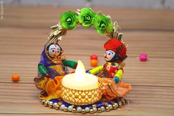 Handmade Tealight Candle Holder - Recycled Rajasthani Dolls Puppet Design, Multicolor Home Decor (Pack of 1)