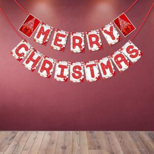 Red & White Merry Christmas, Snow, Christmas Tree, Decorative Xmas Bunting Banner - Christmas Decorations Item for Home, Office