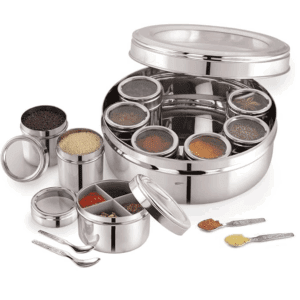 Stainless Steel 12 IN 1 Masala Box for Kitchen | Spice Box for Kitchen | Masala Container | Masala Dabba with individual See through lid 4 Spoons | Silver (2.5 Ltr | X-Large | 22.5cm)