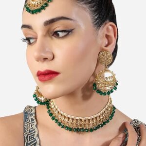 Poojavi Green Beads Drop Dazzling Stones Embellished Necklace Earring & Maangtikka Set For Women