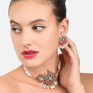 Poojavi Pink & Green Meenakari Multistrand Pearls Choker Necklace & Earring Set For Women