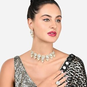 Poojavi Gold Tone Austrian Diamonds Kundan Choker Necklace Earring Ring Set For Women