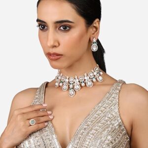 Poojavi Green Stones Dazzling Austrian Diamonds Rajwada Necklace, Earring & Ring Set For Women